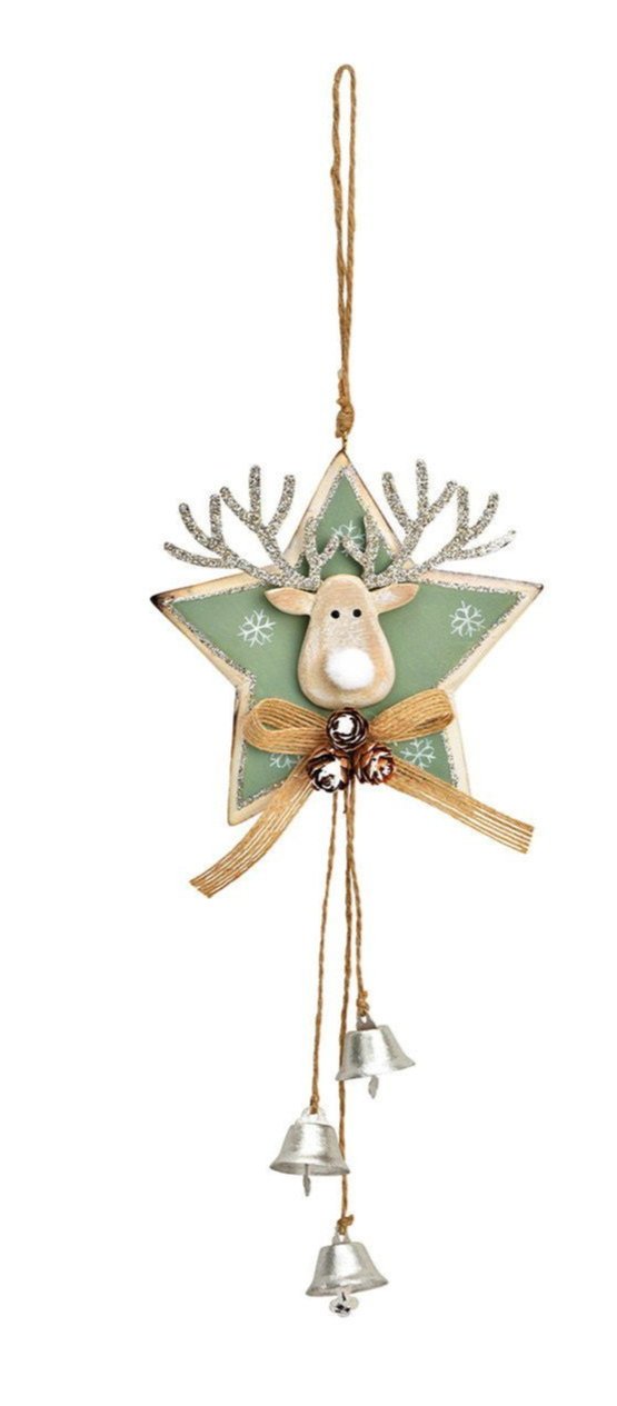 Hanging star, Christmas tree reindeer made of natural wood, green