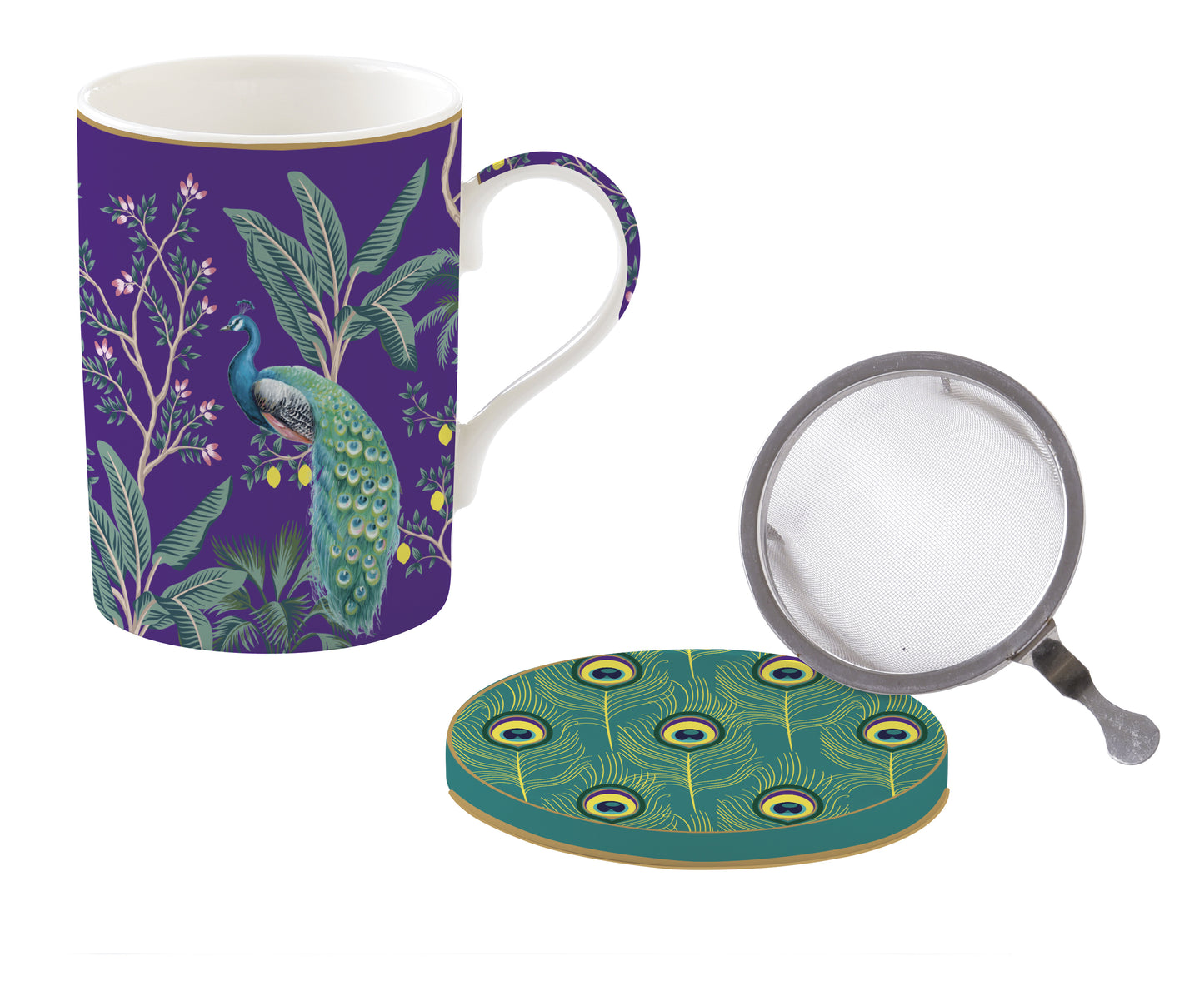 High quality Fine China mug 350 ml with lid and metal infuser IMPERIAL PEACOCK