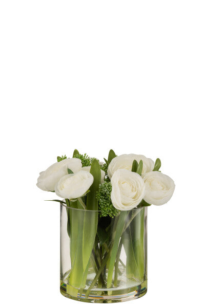 Ranunculus In Vase Plastic Glass White/Green Large