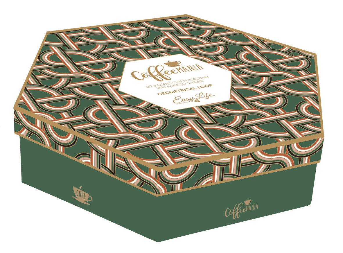 Set 6 coffee cups in porcelain & bamboo saucers in gift box GEOMETRICAL L - Shukha Online Store