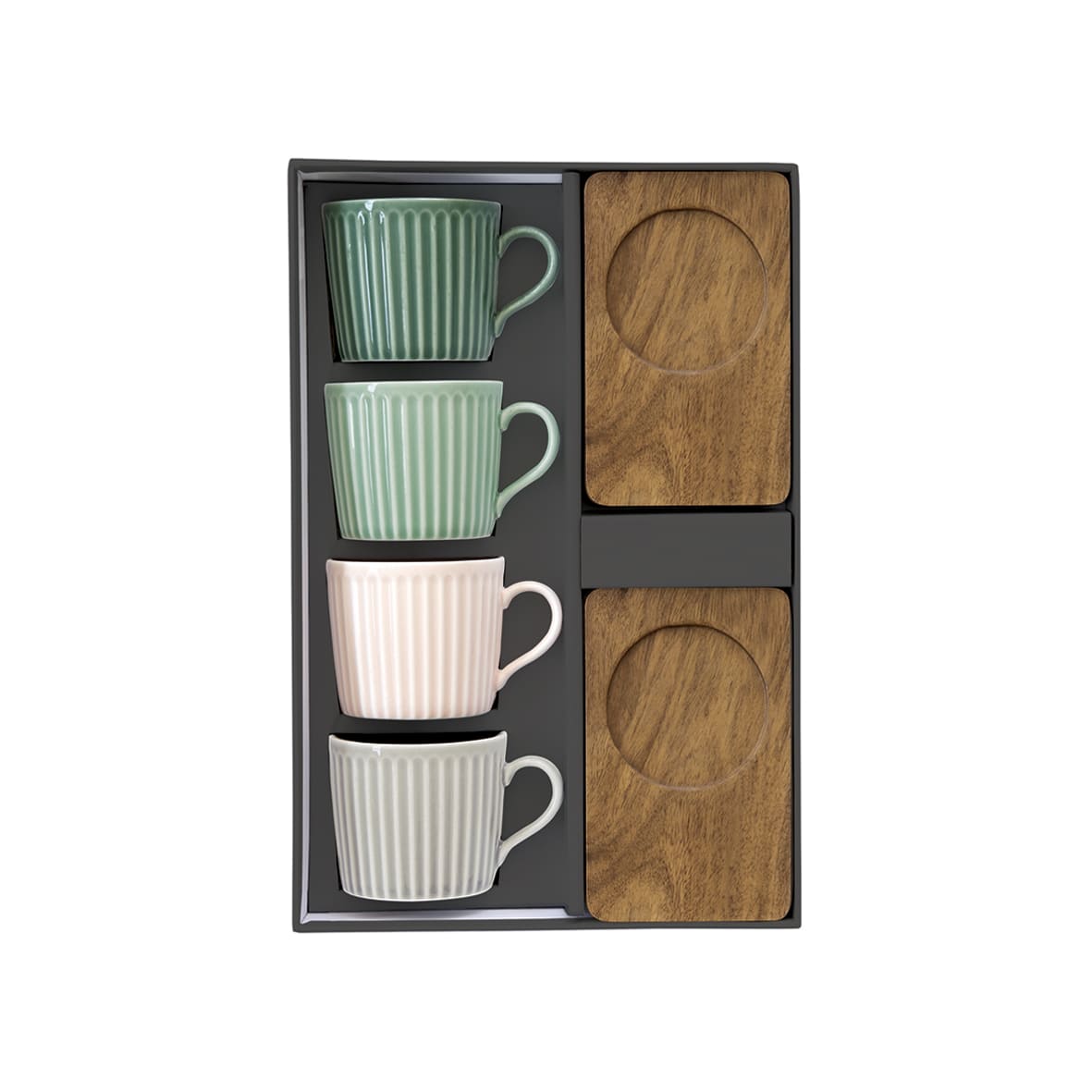 Set 4 porcelain coffee cups 110 ml & acacia saucers in gift box TAKE A BREAK