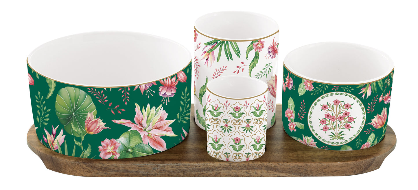 Appetizer set 29x13 w/4 porcelain round bowls on bamboo tray BOTANIC CHIC