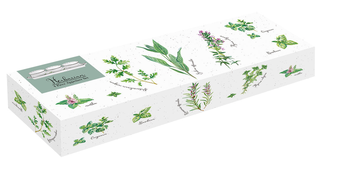 Porcelain appetizer set 37x10 cm w/3 bowls Ø 10 cm in color box HERBARIUM