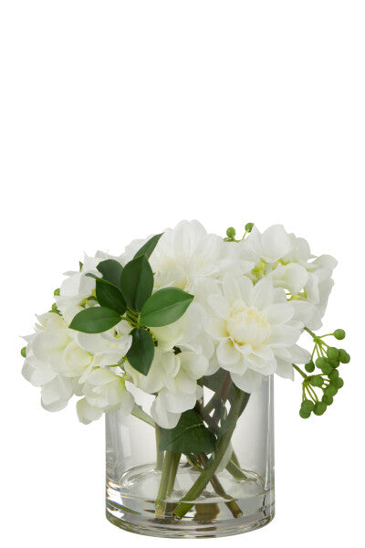 Dahlia Hydrangea In Vase Plastic Glass White