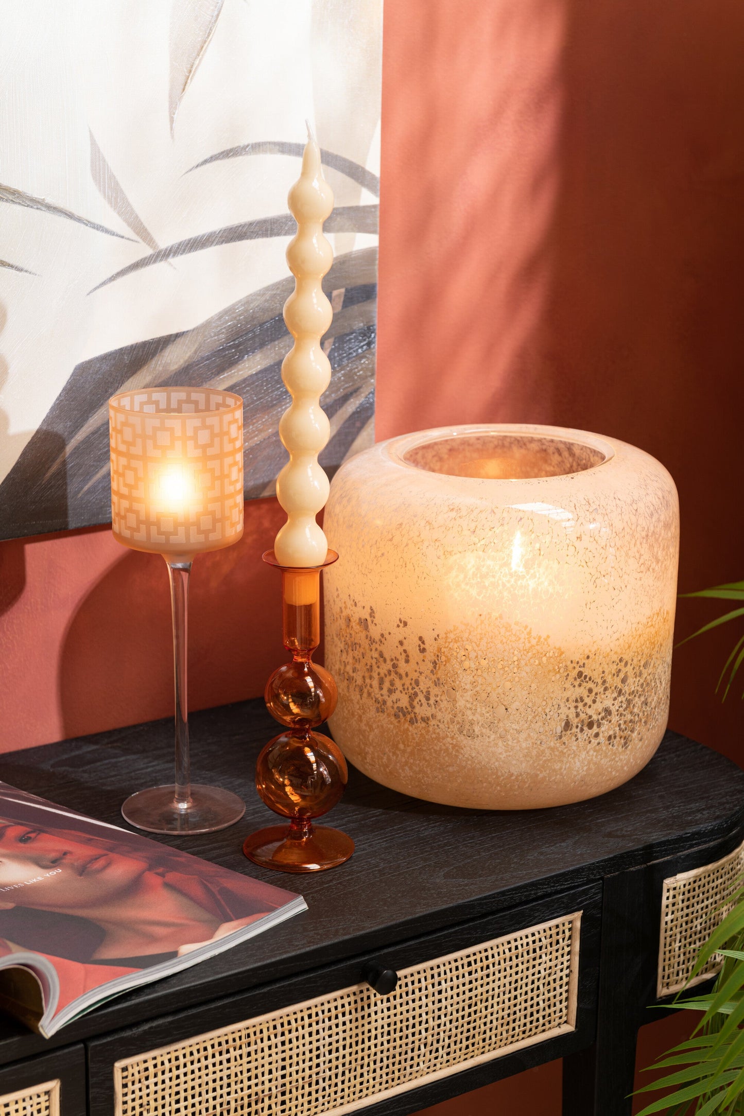 Candle Holder 2 Orbs Glass Orange Large