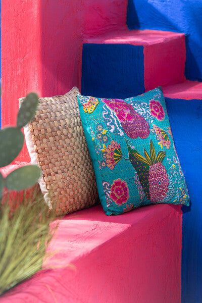 Cushion Flowers+Stitches Cotton Turquoise