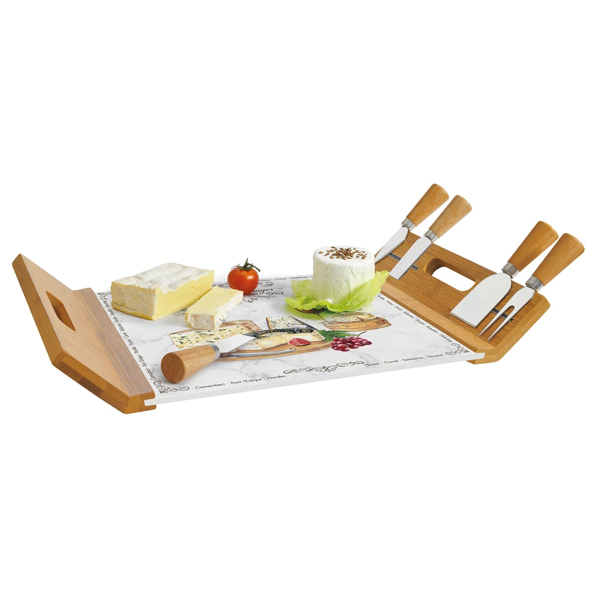 Cheese bamboo serving tray 44×28 with glass board and 4 knives LES FROMAGES