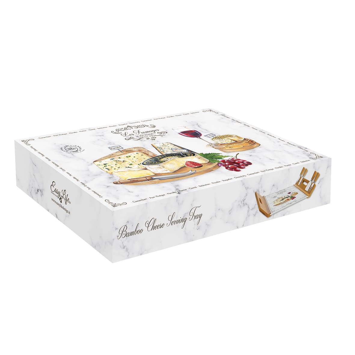 Cheese bamboo serving tray 44×28 with glass board and 4 knives LES FROMAGES