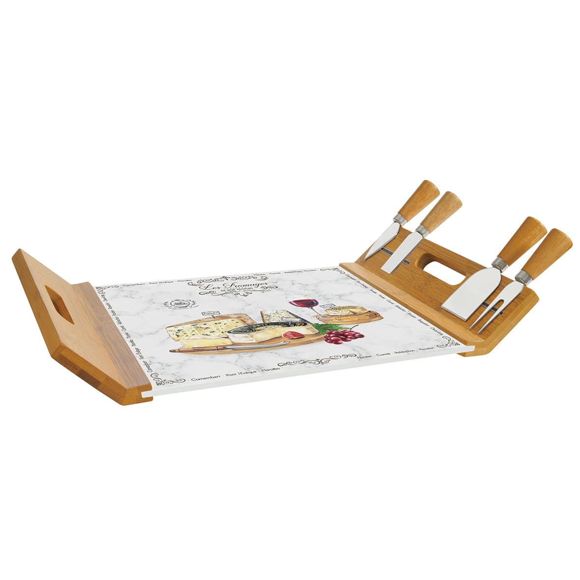 Cheese bamboo serving tray 44×28 with glass board and 4 knives LES FROMAGES