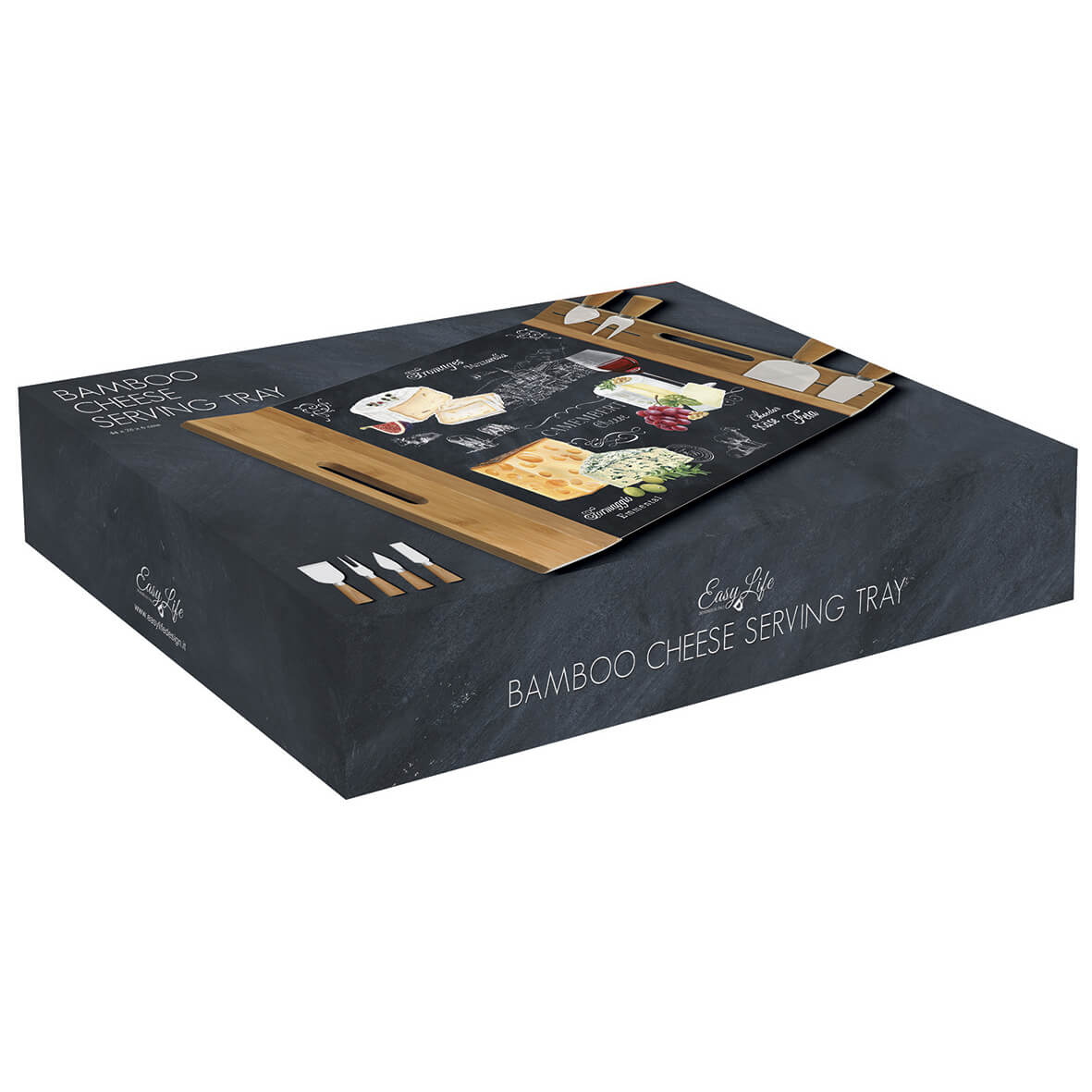Cheese bamboo serving tray 44×28 with glass board and 4 knives WORLD OF CHEESE