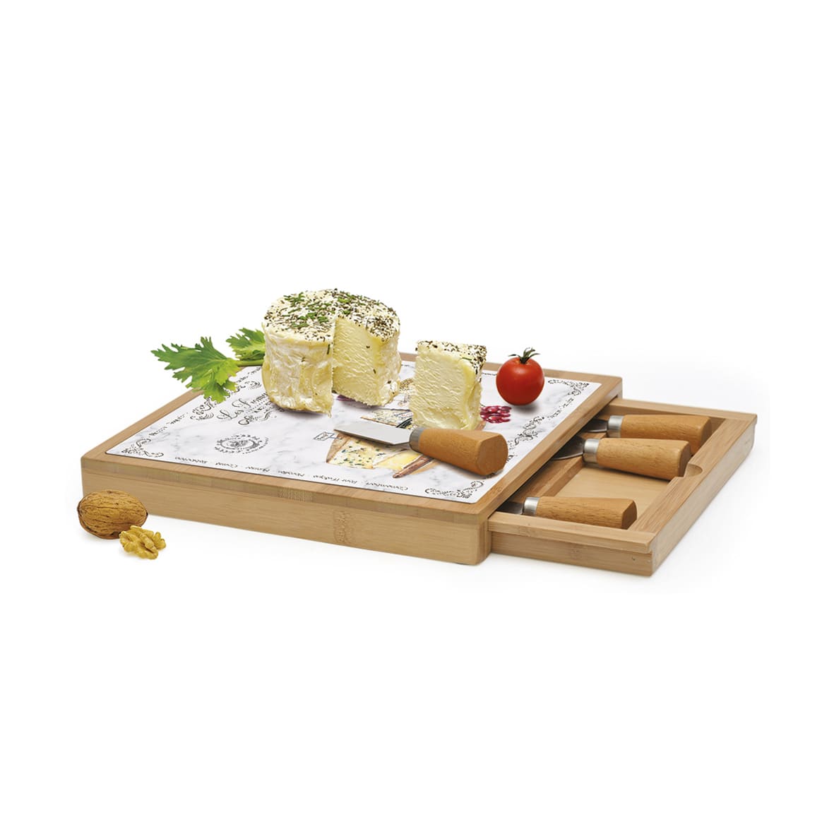 Bamboo cheese board 25,5×25,5 with glass and knives LES FROMAGES