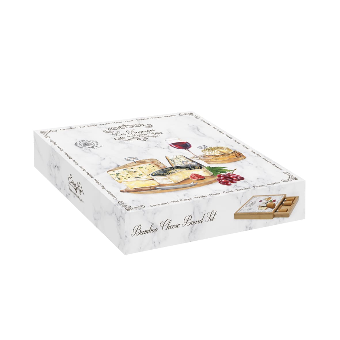 Bamboo cheese board 25,5×25,5 with glass and knives LES FROMAGES