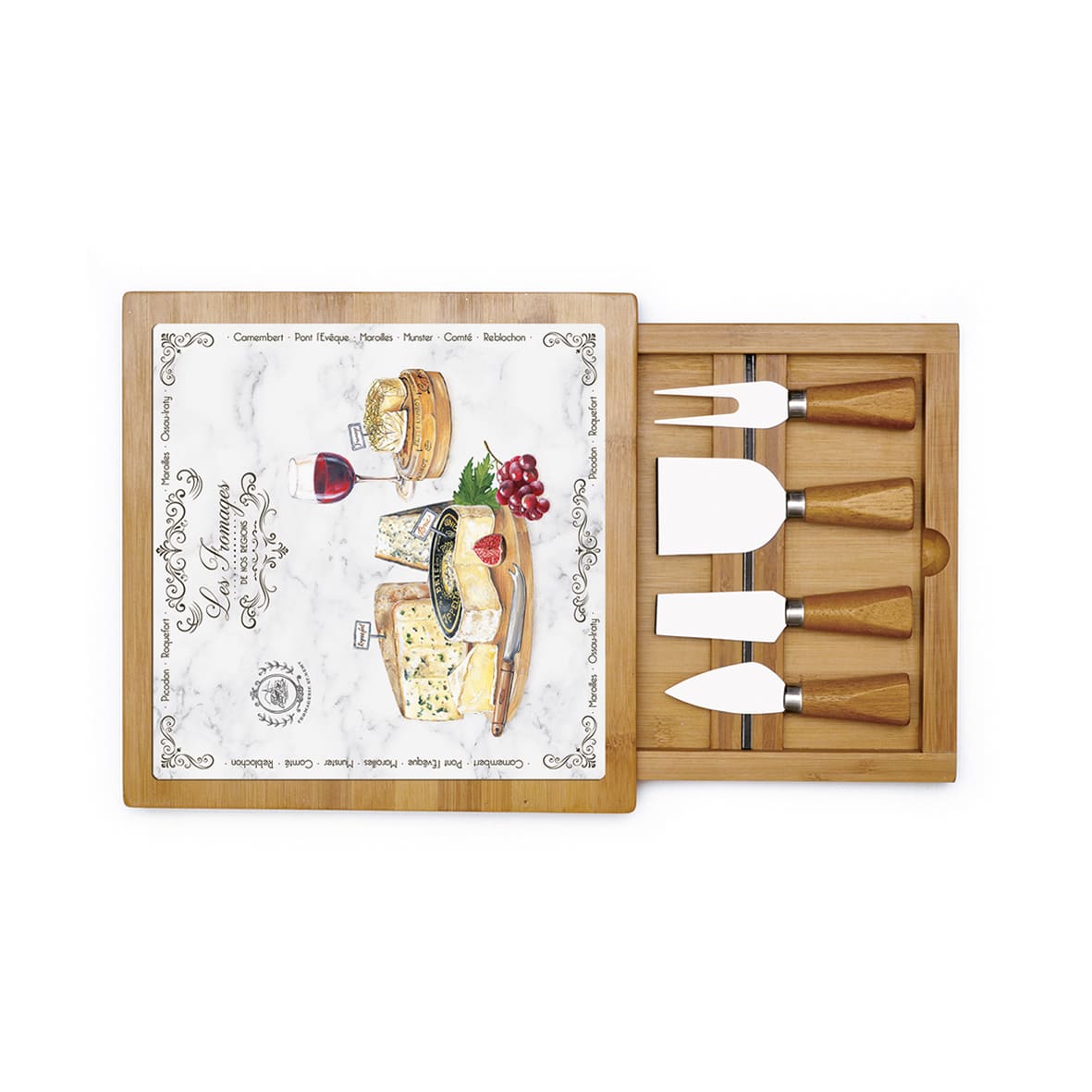 Bamboo cheese board 25,5×25,5 with glass and knives LES FROMAGES