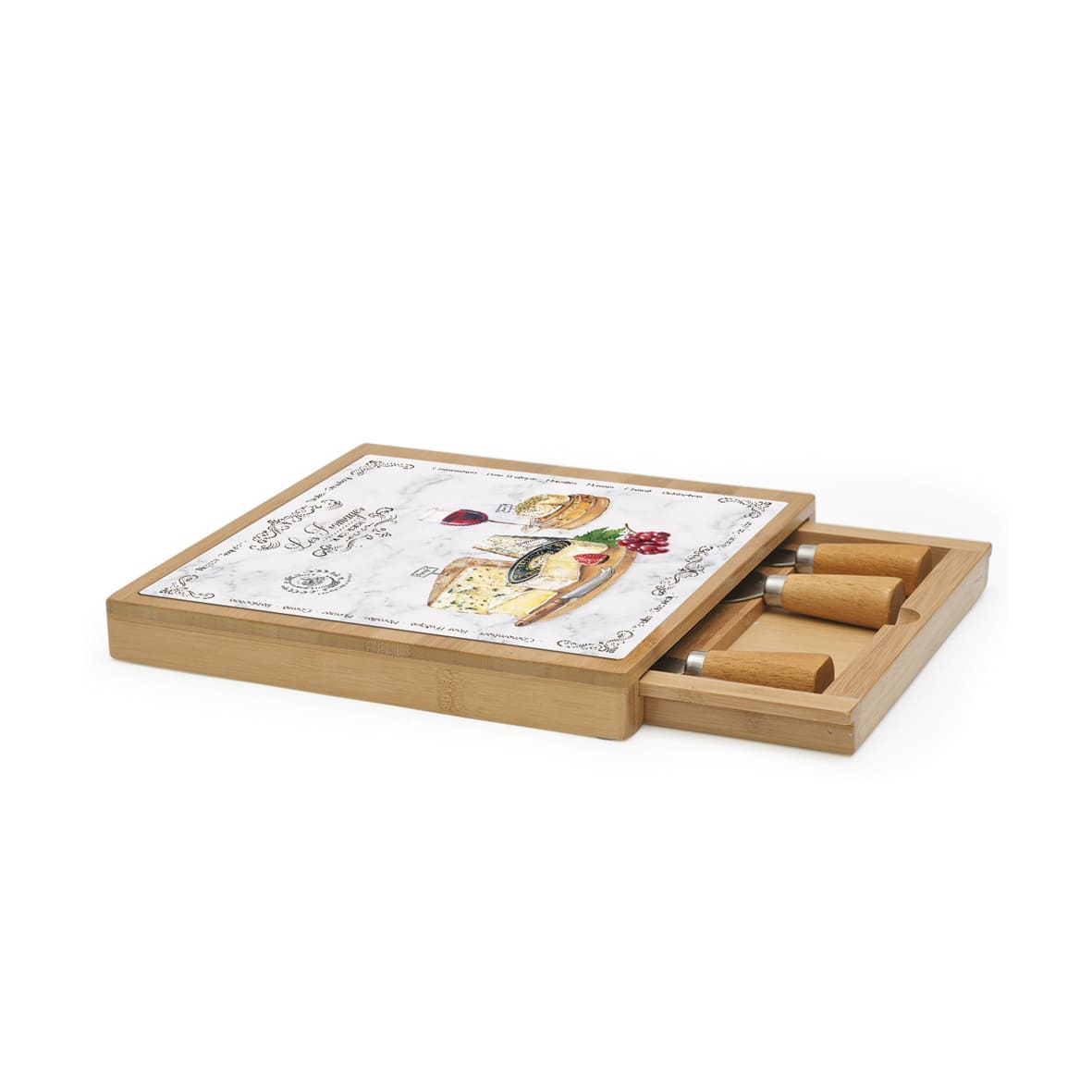 Bamboo cheese board 25,5×25,5 with glass and knives LES FROMAGES