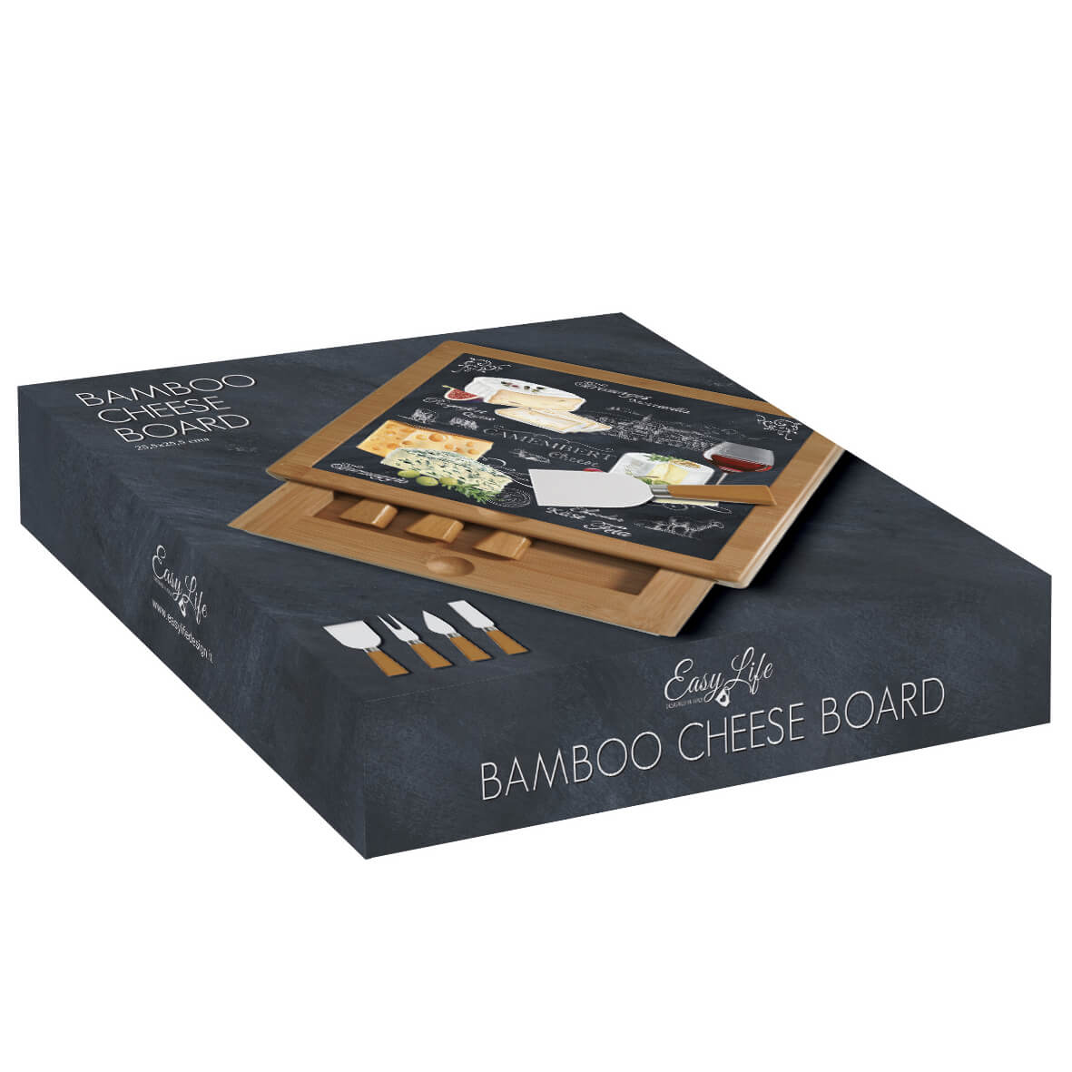 Bamboo cheese board 25,5×25,5 with glass and knives WORLD OF CHEESE