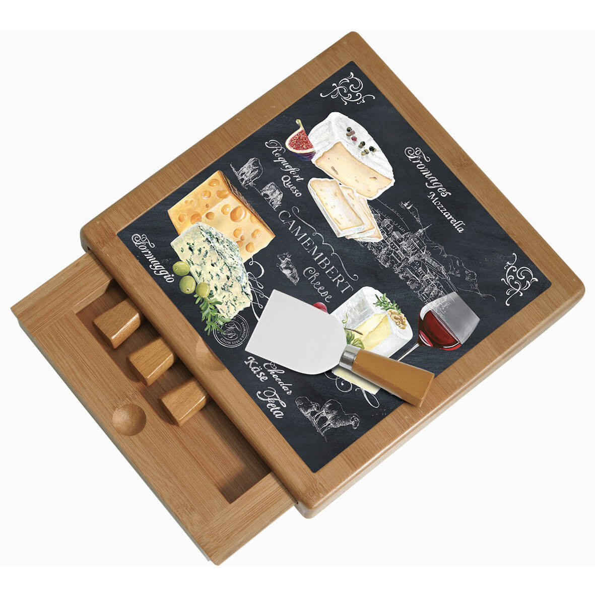 Bamboo cheese board 25,5×25,5 with glass and knives WORLD OF CHEESE