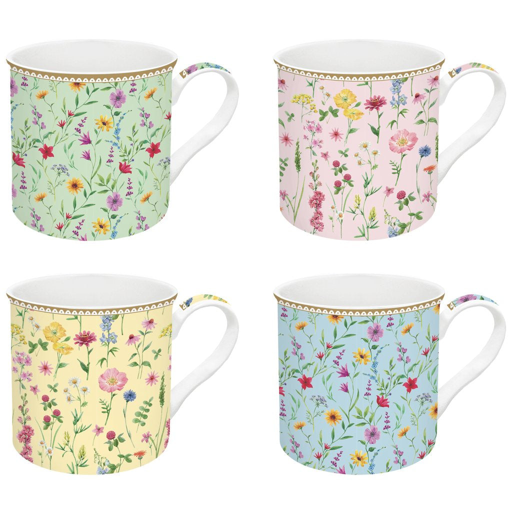 Set of 4 mugs 300 ml in fine china in MEADOW FLOWERS gift box