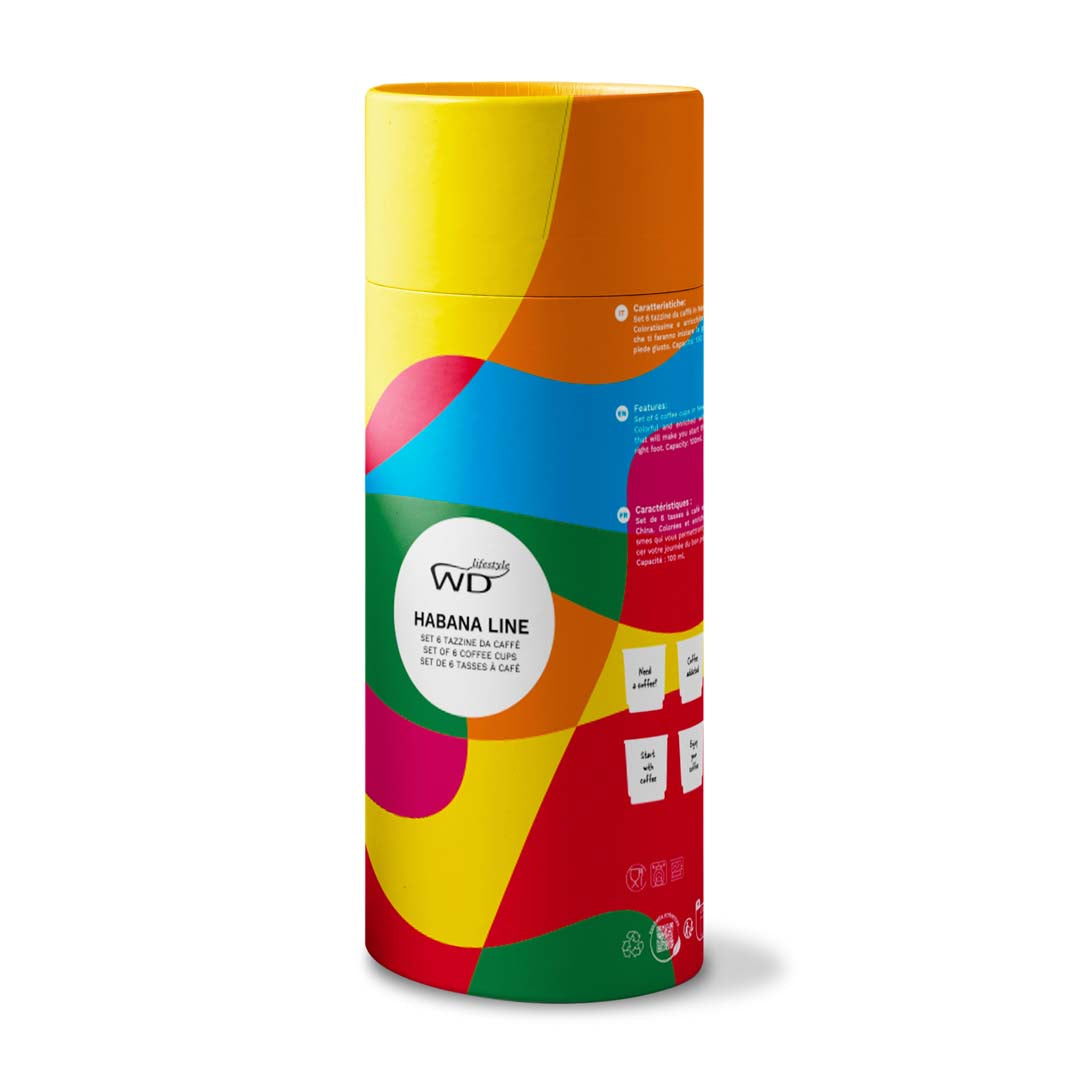 Set of 6 colored cups with writings. Capacity 100 ml.
