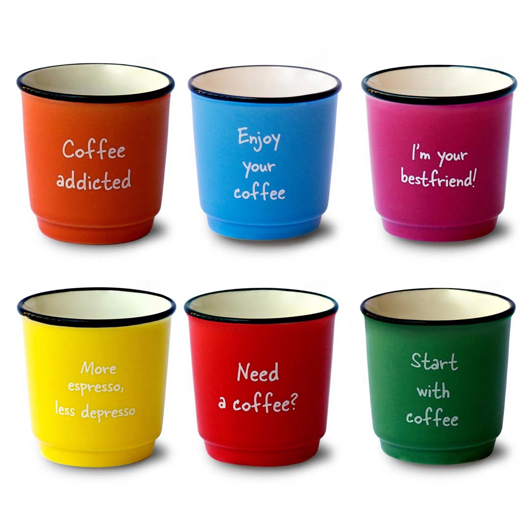 Set of 6 colored cups with writings. Capacity 100 ml.