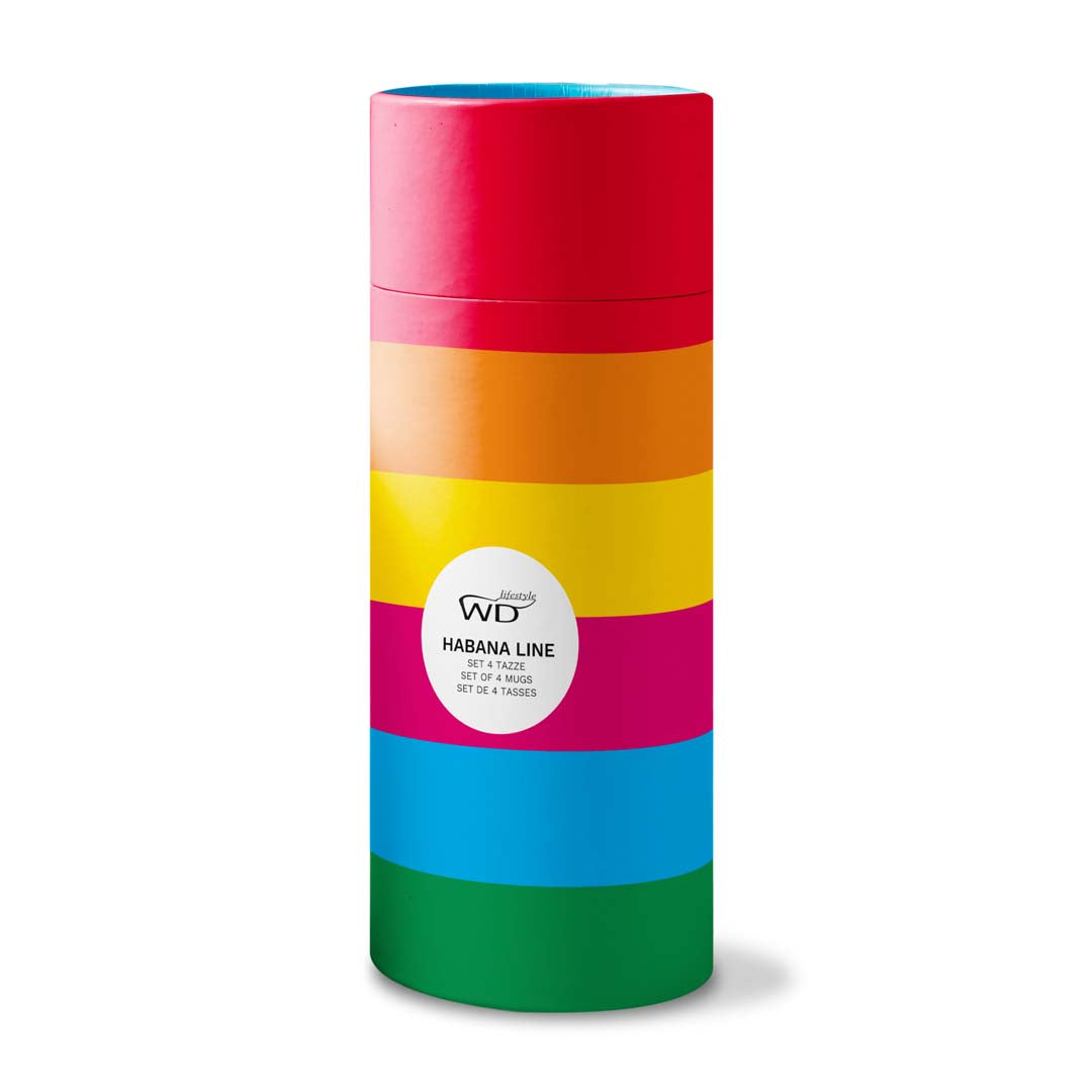 Set of 4 colored mugs with writings. Capacity 350 ml.