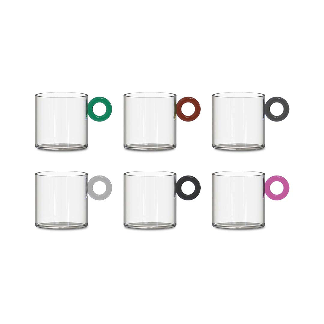 Set 6 coffee cups in Borosilicate glass with colored ring handle.