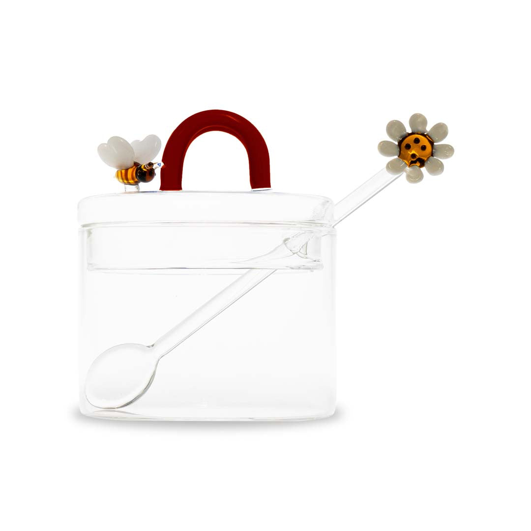 Borosilicate glass sugar bowl with teaspoon. Bee and Daisy decoration.