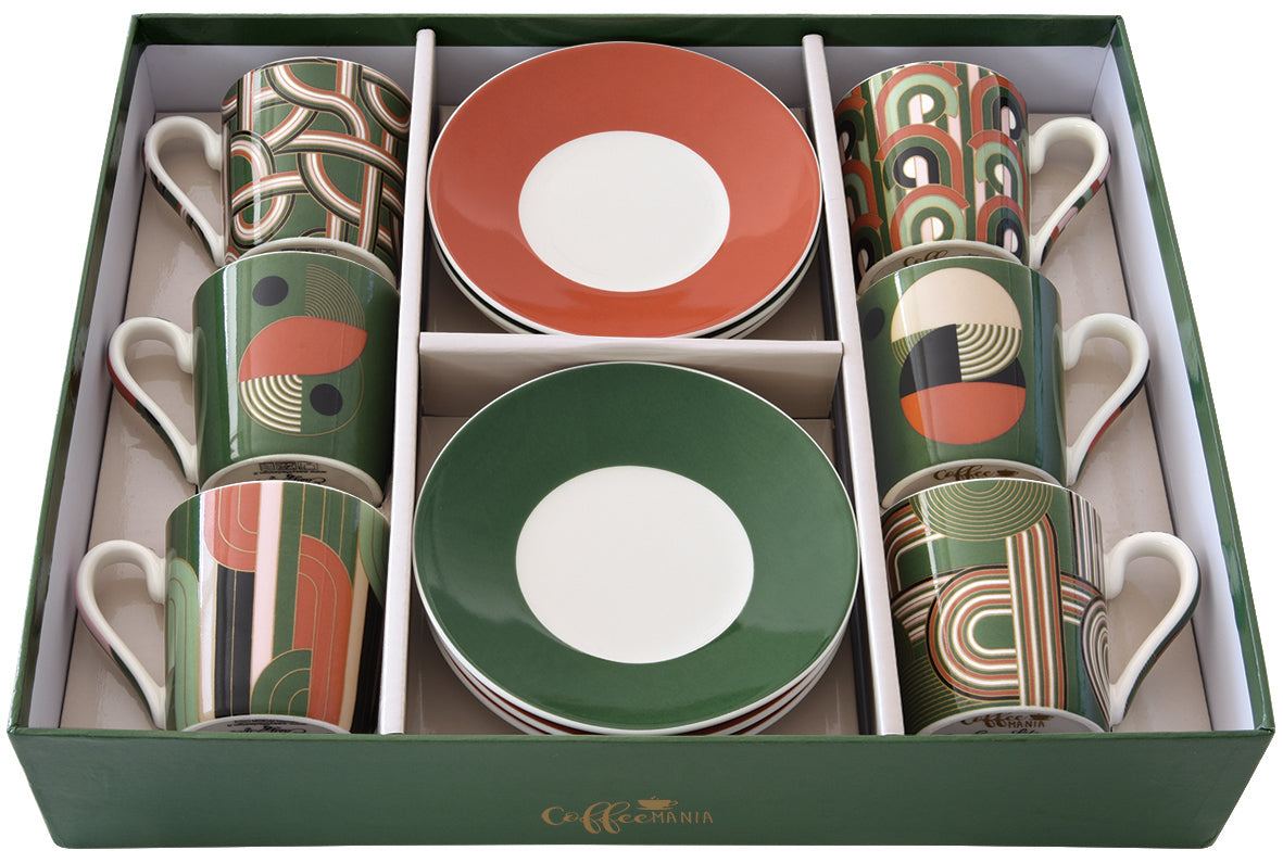 Set 6 coffee cups & saucers in porcelain in gift box GEOMETRICAL LOOP - Shukha Online Store