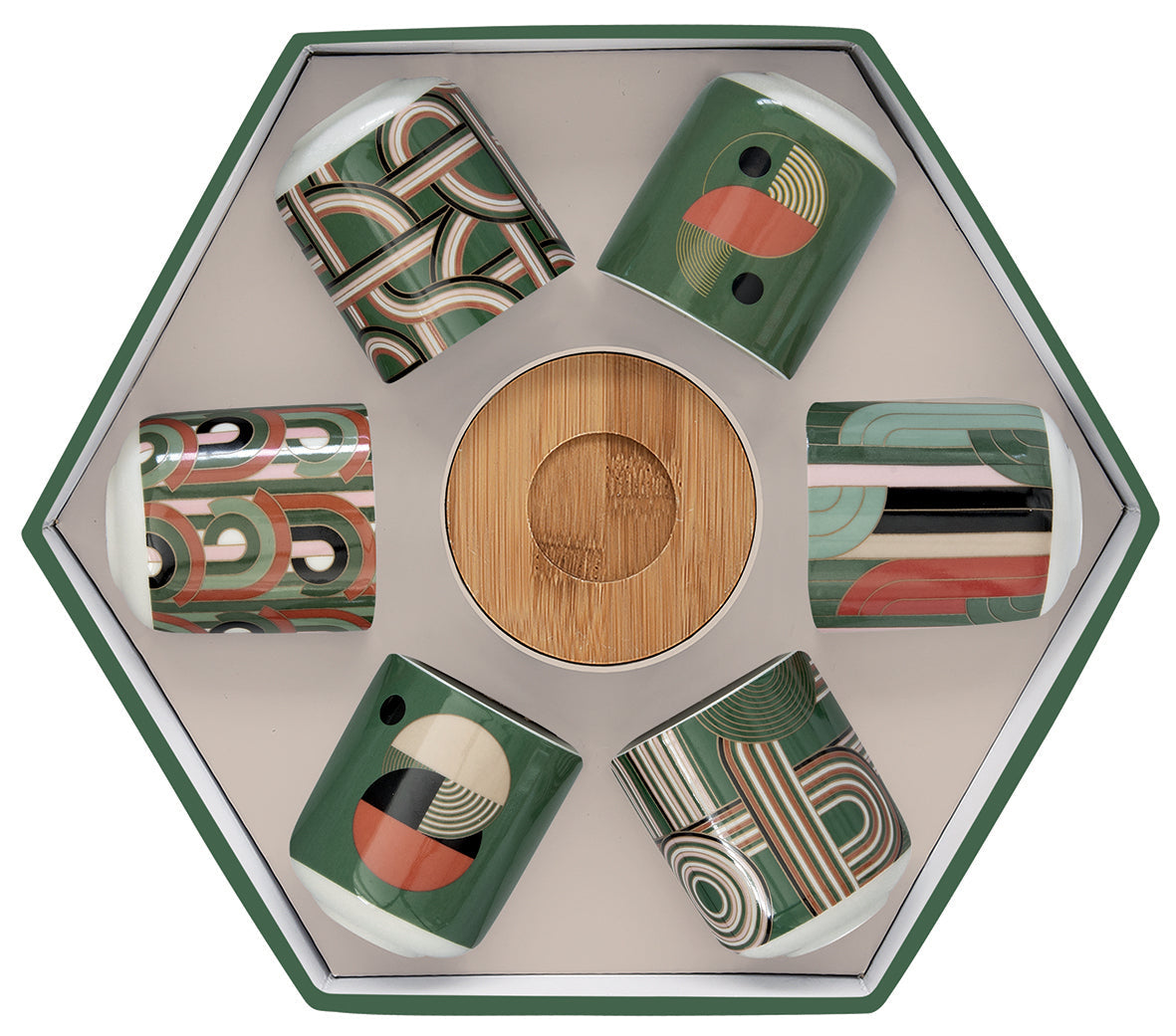 Set 6 coffee cups in porcelain & bamboo saucers in gift box GEOMETRICAL L - Shukha Online Store