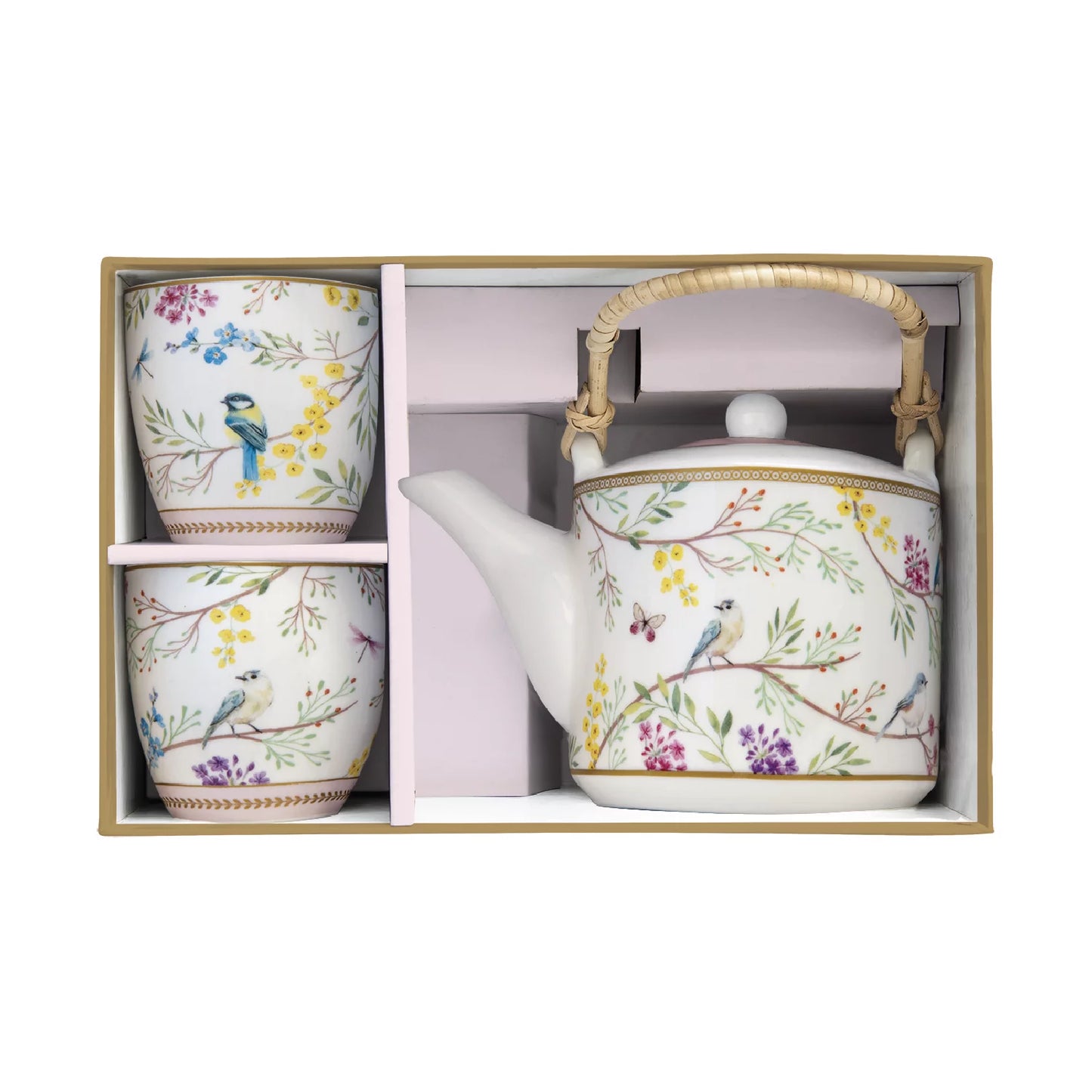 Porcelain teapot with metal infuser and 2 small cups BIRDS MELODY