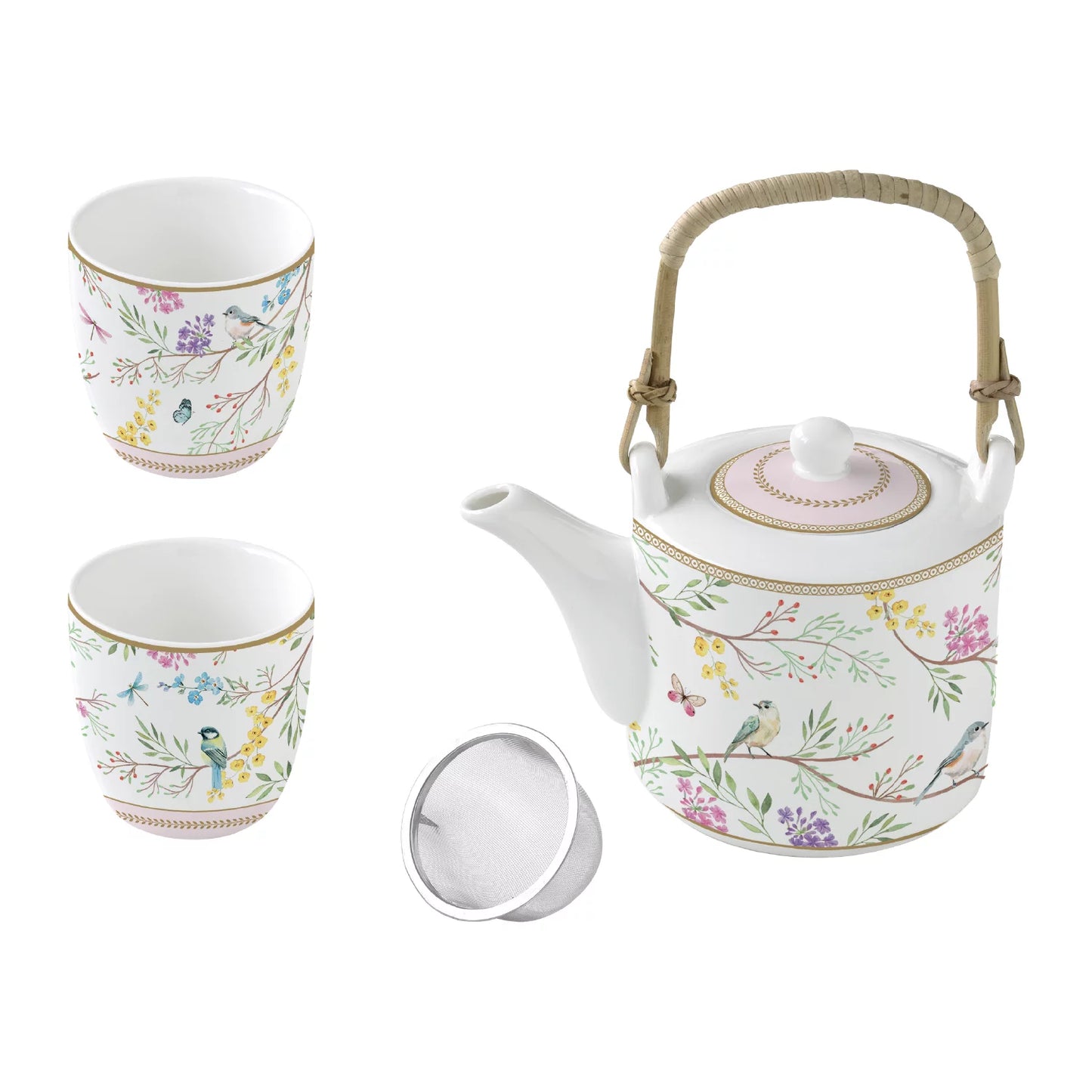Porcelain teapot with metal infuser and 2 small cups BIRDS MELODY