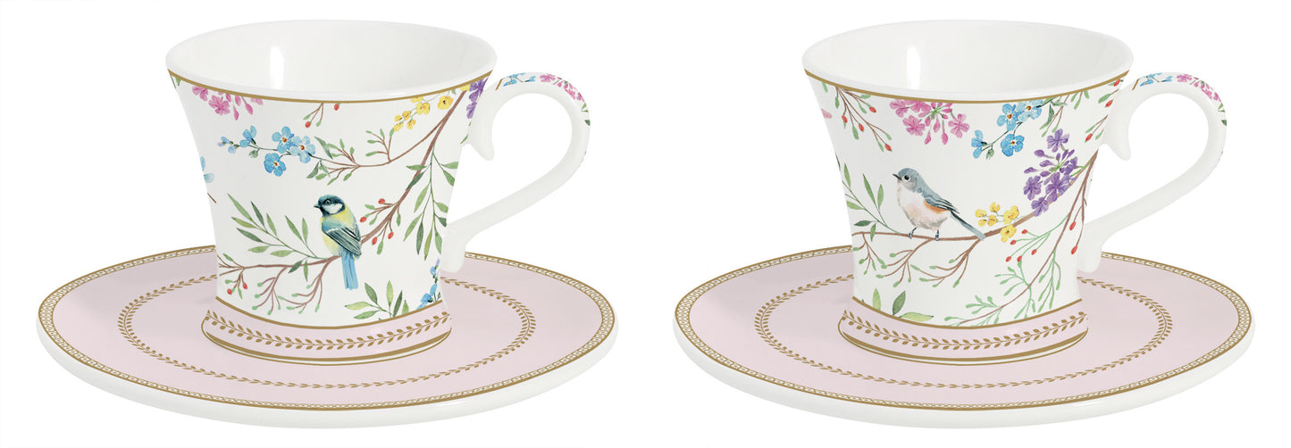 Set 2 porcelain coffee cups & saucers  80 ml in color box BIRDS MELODY