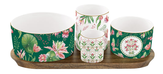 Appetizer set 29x13 w/4 porcelain round bowls on bamboo tray BOTANIC CHIC