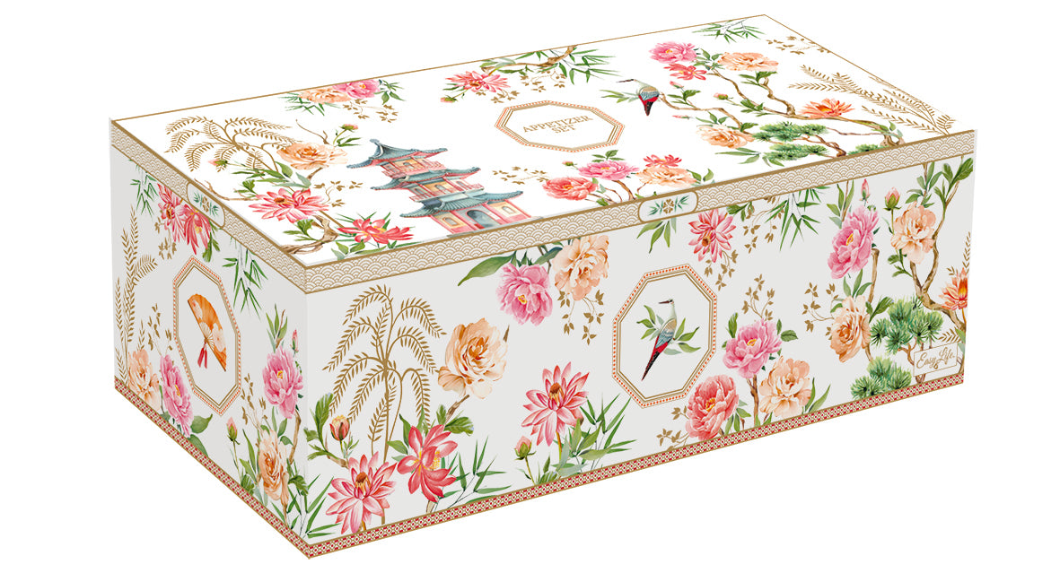 Appetizer set 29x13 w/4 porcelain round bowls on acacia tray in color box JARDINS D'ORIENT