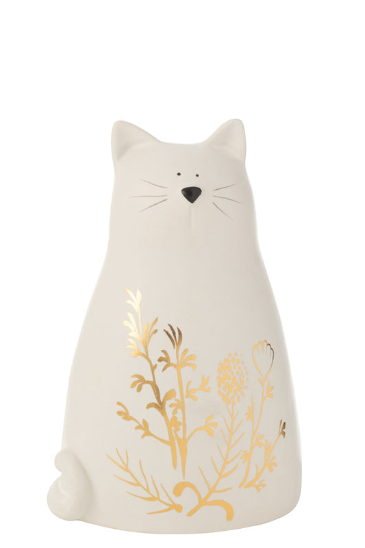 Cat Flower Drawing Porcelain Gold/White