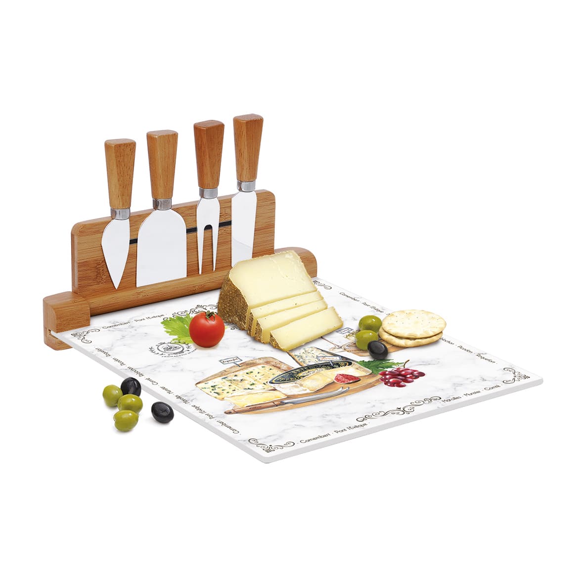 Cheese cutting board with glass board and 4 cheese knives LES FROMAGES