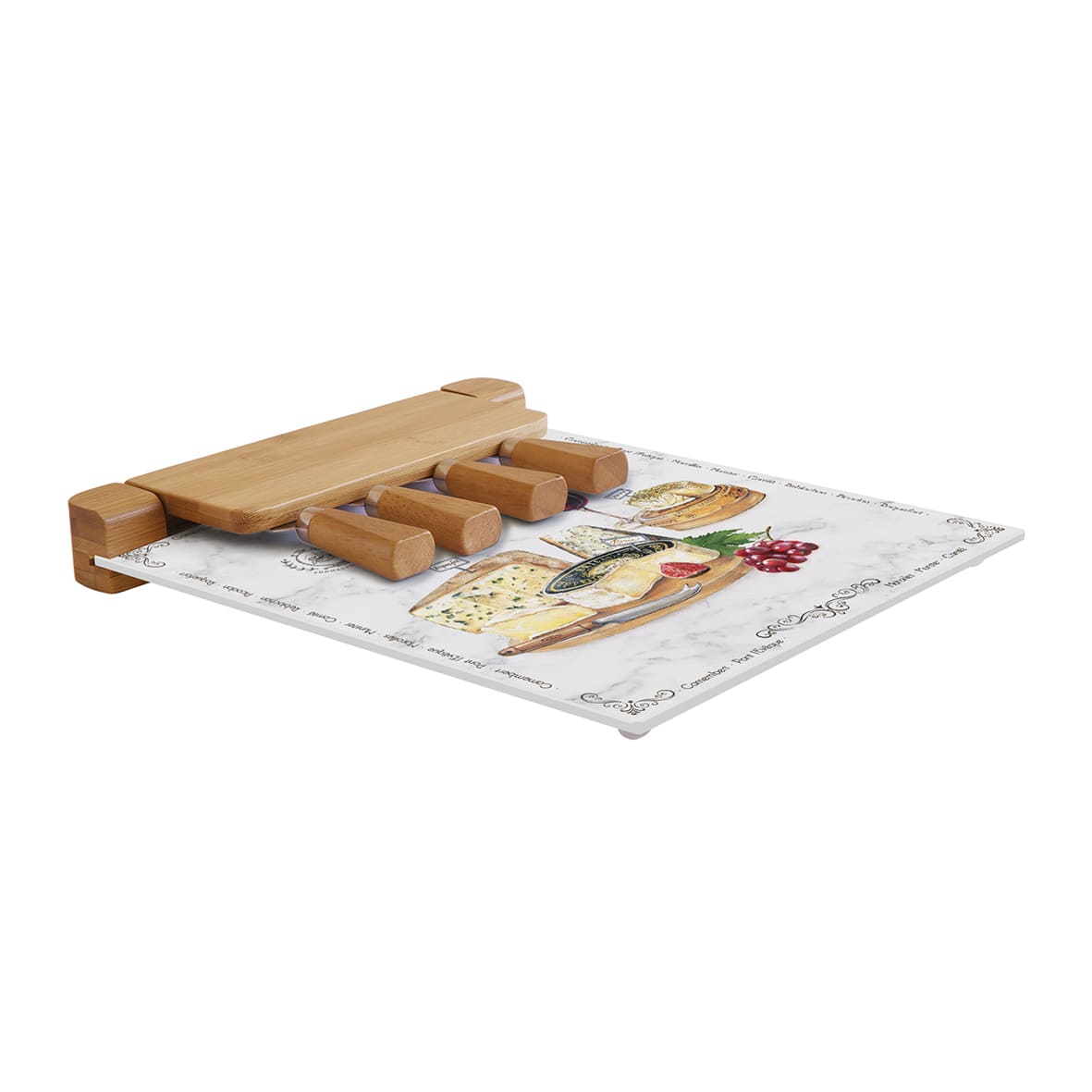 Cheese cutting board with glass board and 4 cheese knives LES FROMAGES