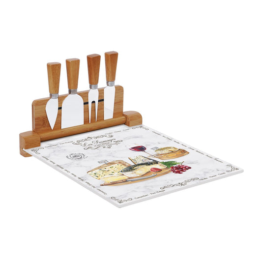 Cheese cutting board with glass board and 4 cheese knives LES FROMAGES