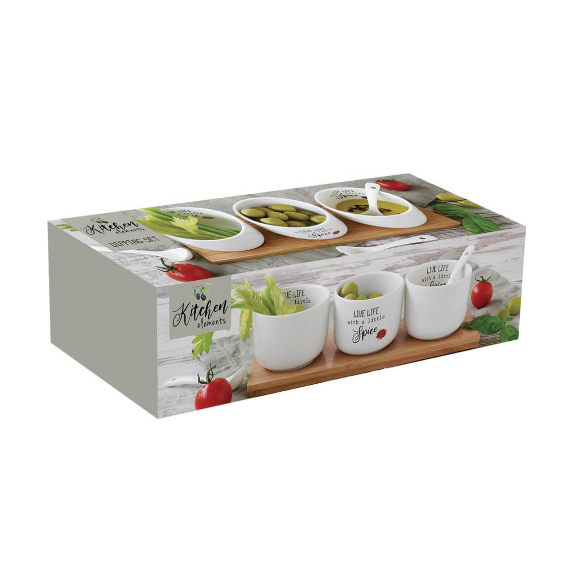 Bamboo dipping set and 3 porcelain bowls with spoons KITCHEN ELEMENTS