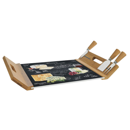 Cheese bamboo serving tray 44×28 with glass board and 4 knives WORLD OF CHEESE