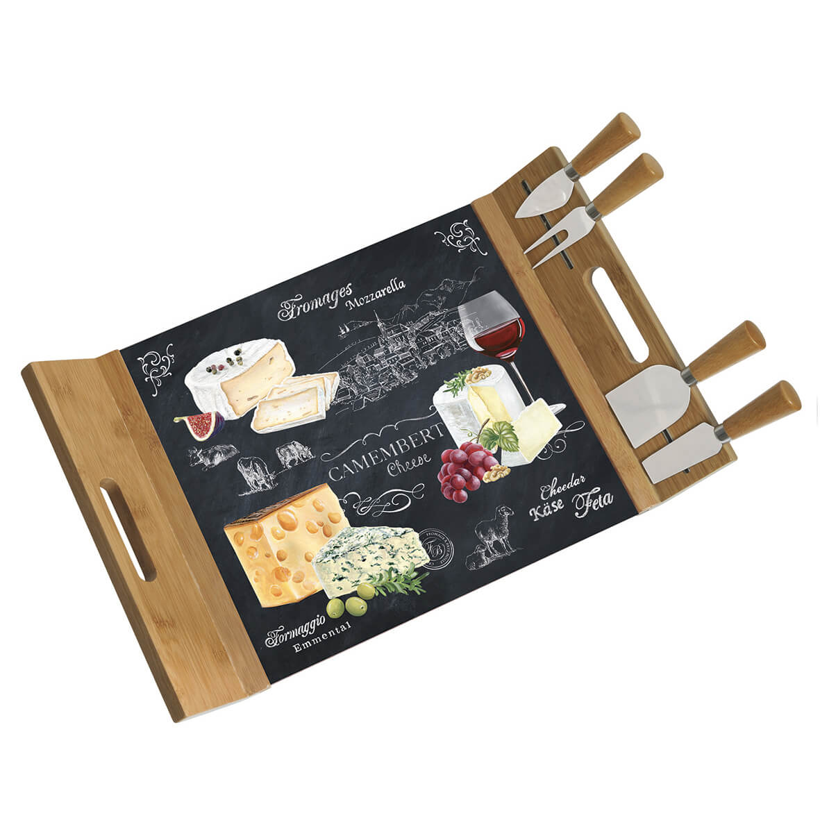 Cheese bamboo serving tray 44×28 with glass board and 4 knives WORLD OF CHEESE