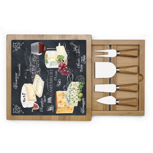 Bamboo cheese board 25,5×25,5 with glass and knives WORLD OF CHEESE