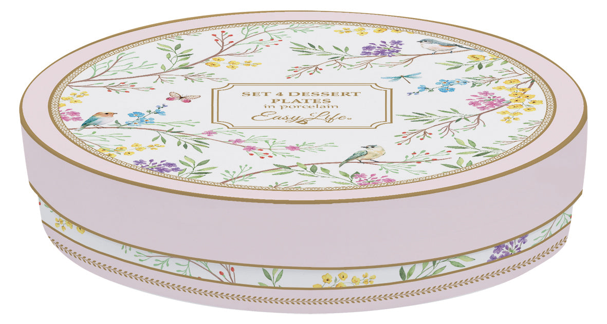 Set 4 porcelain dessert plates Ø 19 cm in hat box BIRDS MELODY