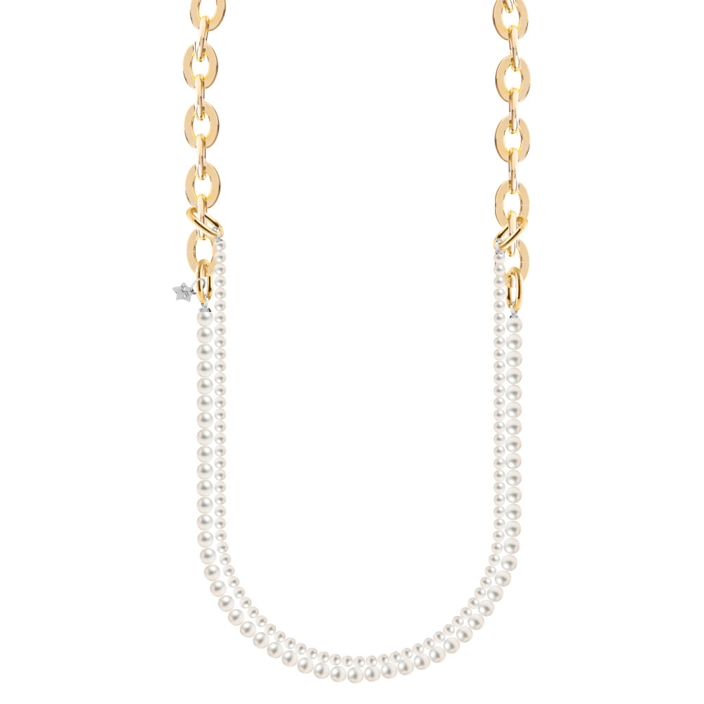 Long necklace with oval link and double strand of pearls
