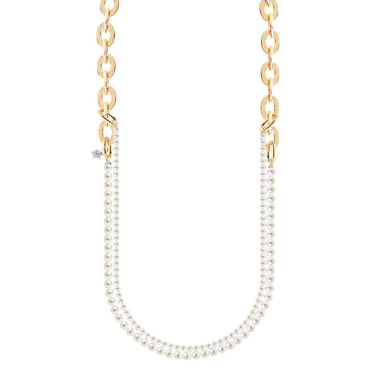 Long necklace with oval link and double strand of pearls