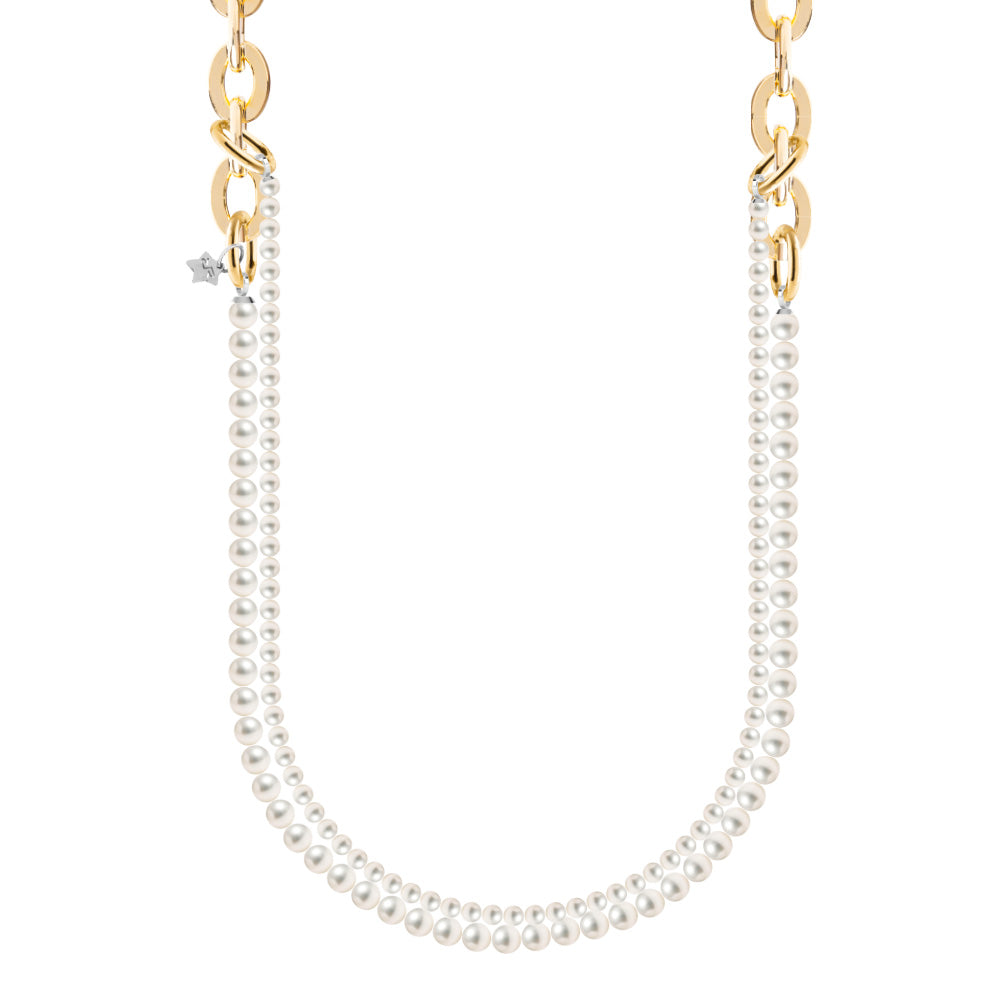 Long necklace with oval link and double strand of pearls