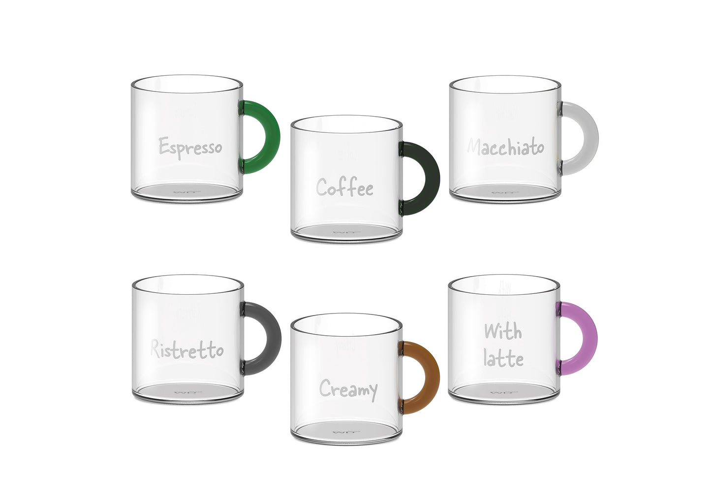 Set of 6 coffee cups in borosilicate glass. Capacity 100 ml. Colored handle, no lettering.