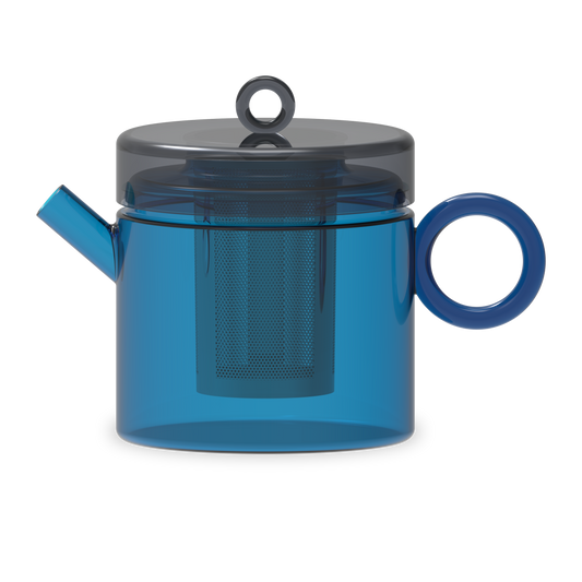 Borosilicate glass teapot with colored ring handle. Capacity 1.2L. Blue and gray