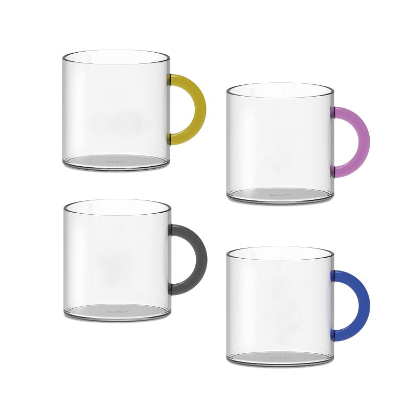 Set composed by 4 cups in borosilicate glass with colored handle.Capacity 250 ml