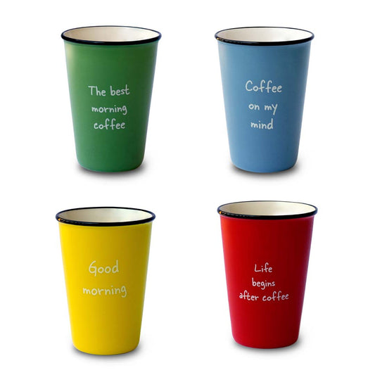 Set of 4 colored mugs with writings. Capacity 350 ml.