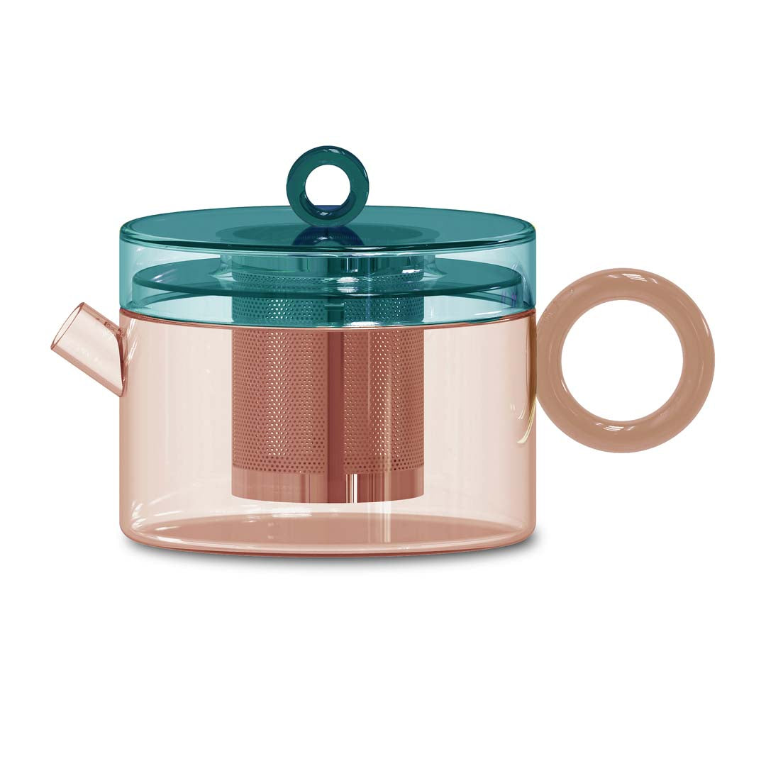 Borosilicate glass teapot with ring handle.